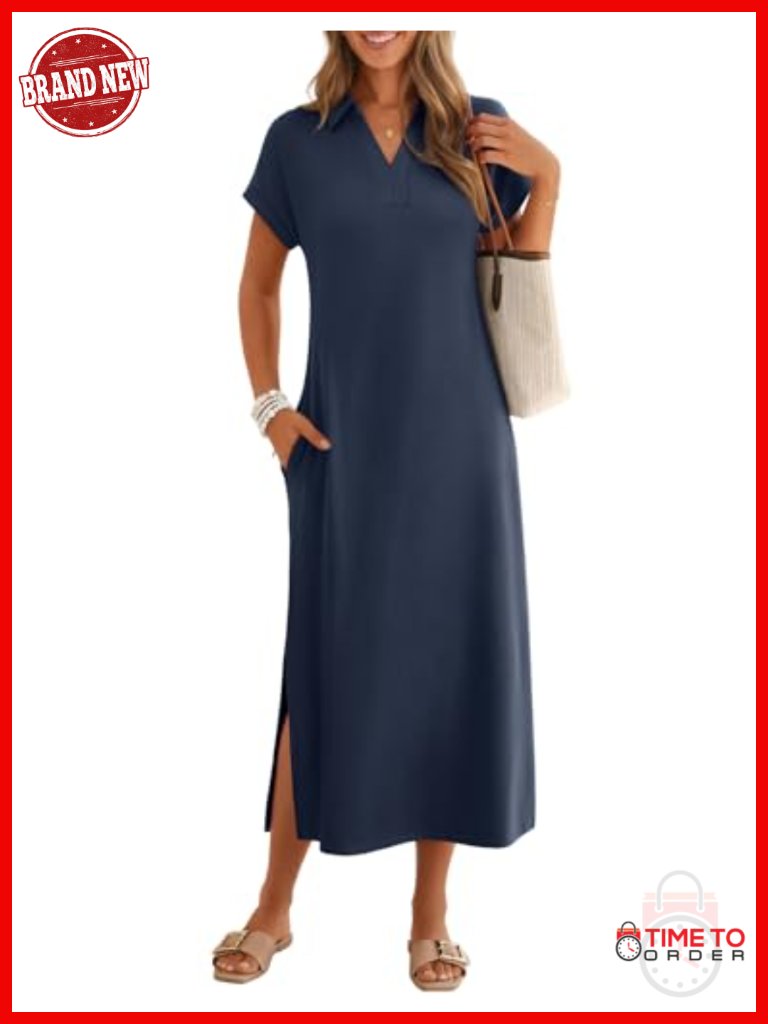 Women's Maxi Dress Cap Sleeve V Neck Collared Shirt Dress Side Pockets